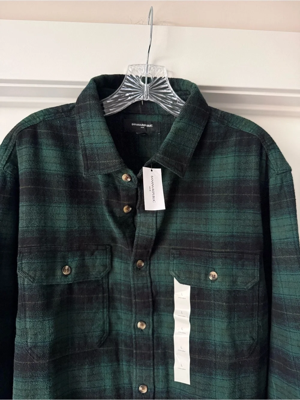 NWT Men’s Banana Republic Flannel Shacket Shirt Jacket Plaid Green Black Buttons
